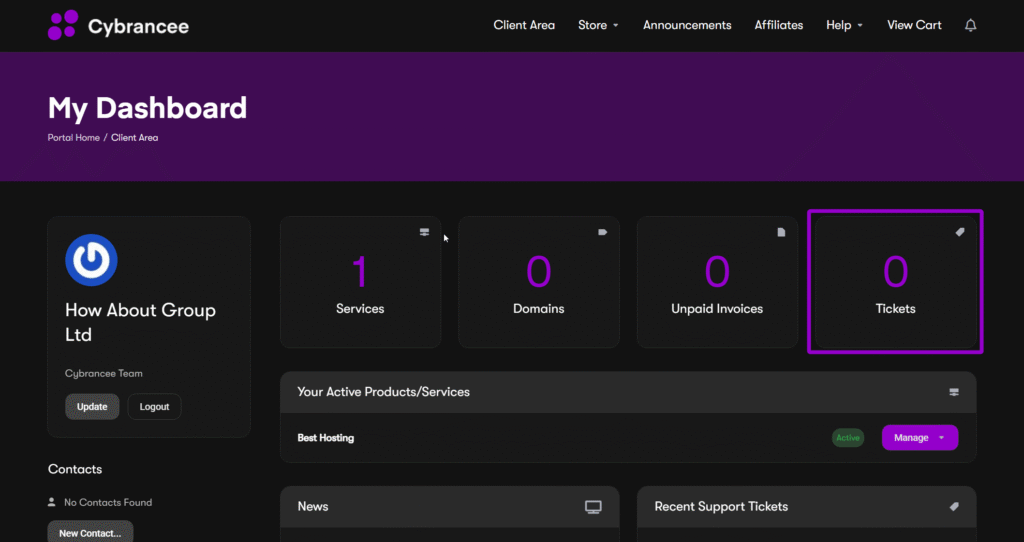 Cybrancee client area tickets block