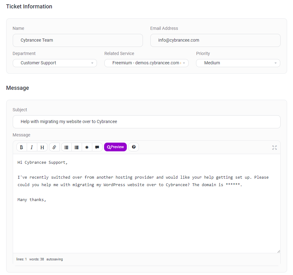 Cybrancee client area ticket input