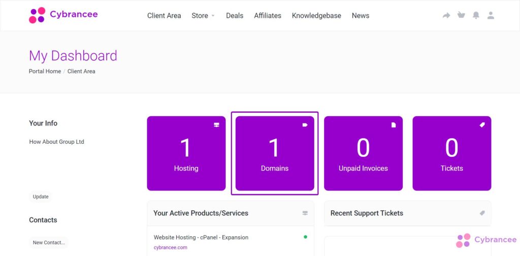 Cybrancee dashboard with domains block highlighted