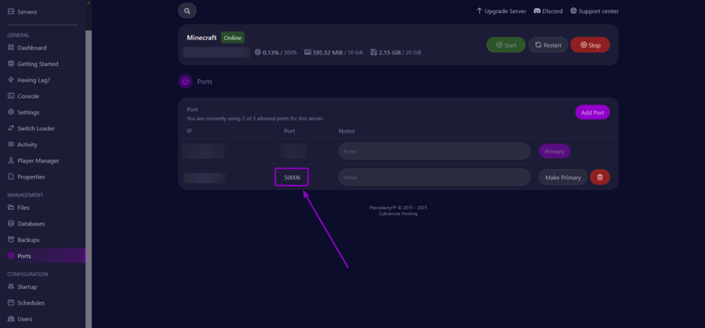 Cybrancee ports page, with arrow on specific port