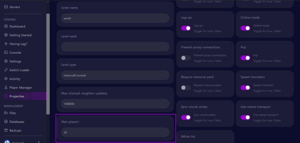 Cybrancee panel for Minecraft with properties tab and max-players highlighted