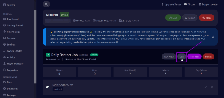 Cybrancee panel, scheduled restart individual schedule