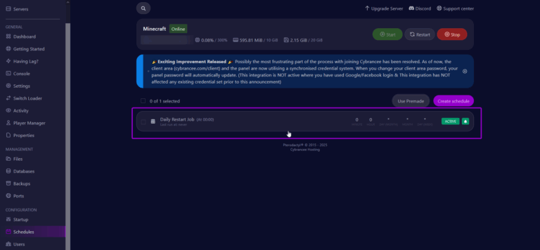 Cybrancee panel scheduled restart interface