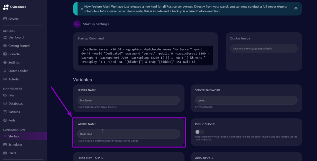 Cybrancee panel Valheim startup tab with world name highlighted