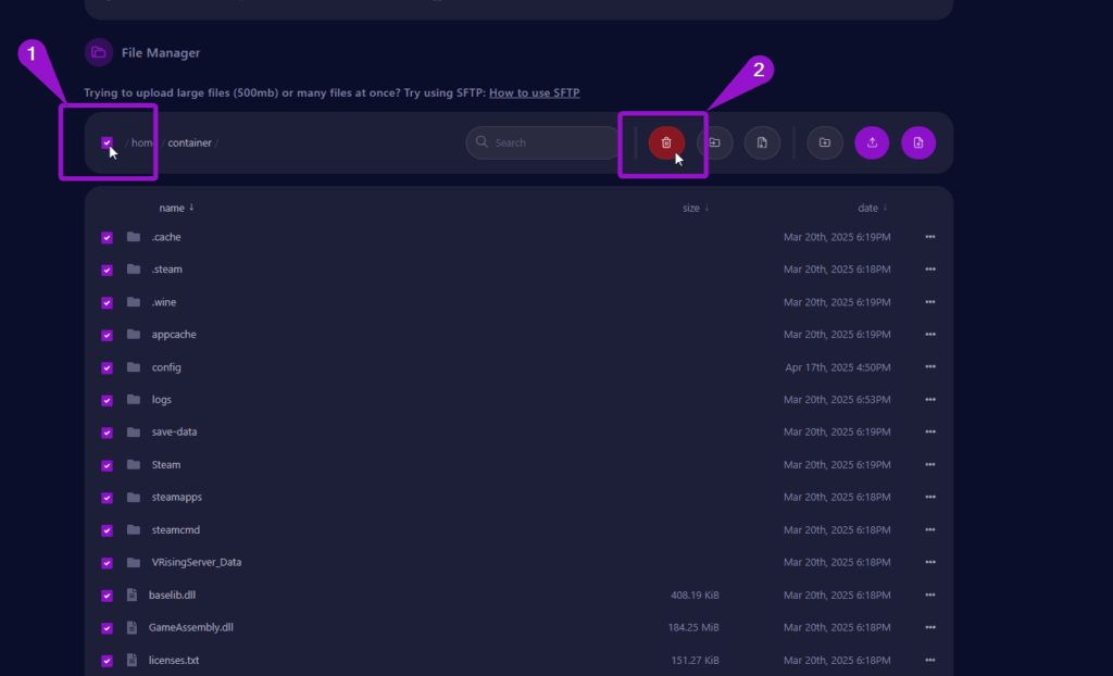 File manager screen delete button