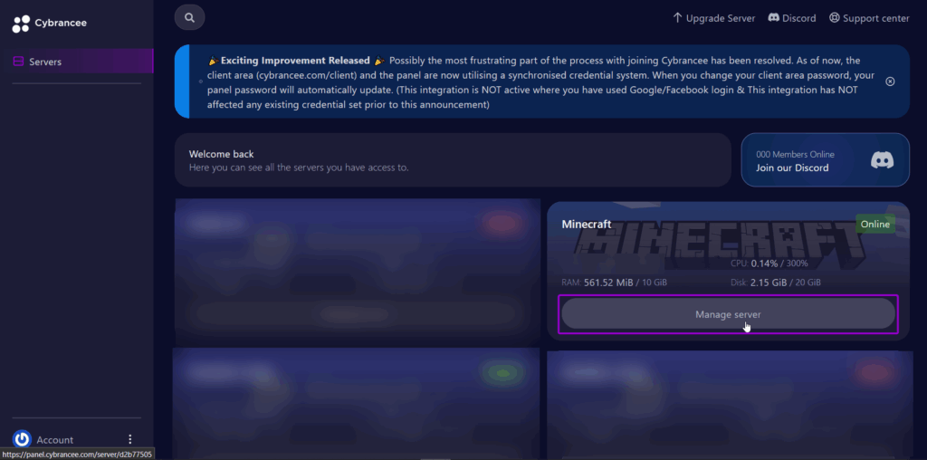Manage Minecraft server screen