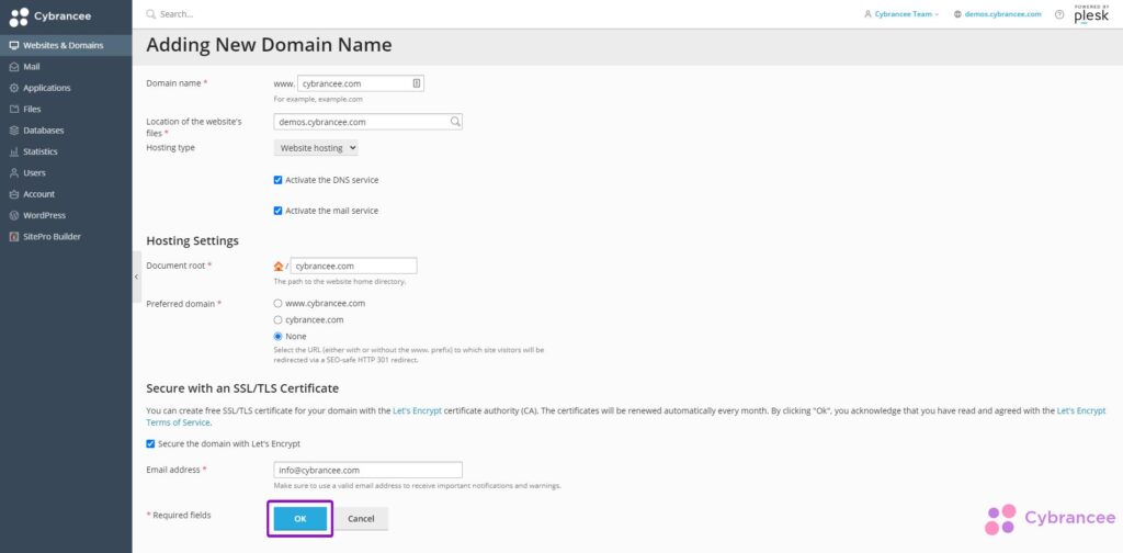 Plesk add domain page, with highlighted ok button