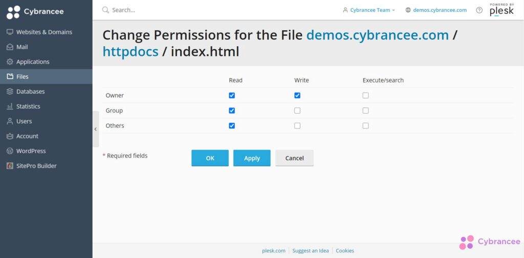 Plesk files permissions page