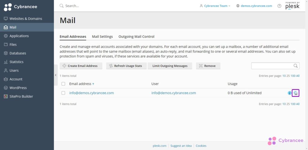 Plesk mail page with icon highlighted