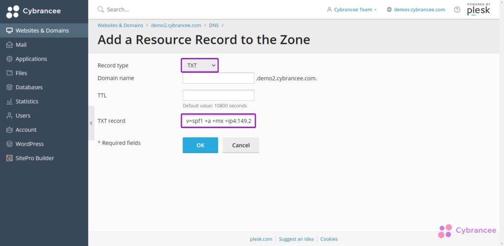 Plesk resource zone page