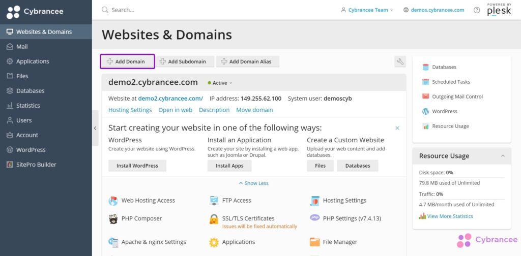 Websites and domain, highlighted add domain button