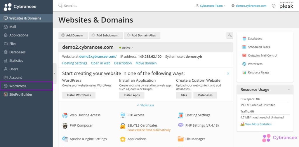 Plesk websites and domains, WordPress highlighted