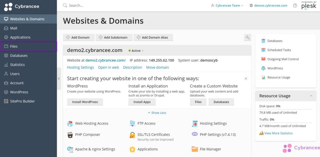 Plesk websites and domains page