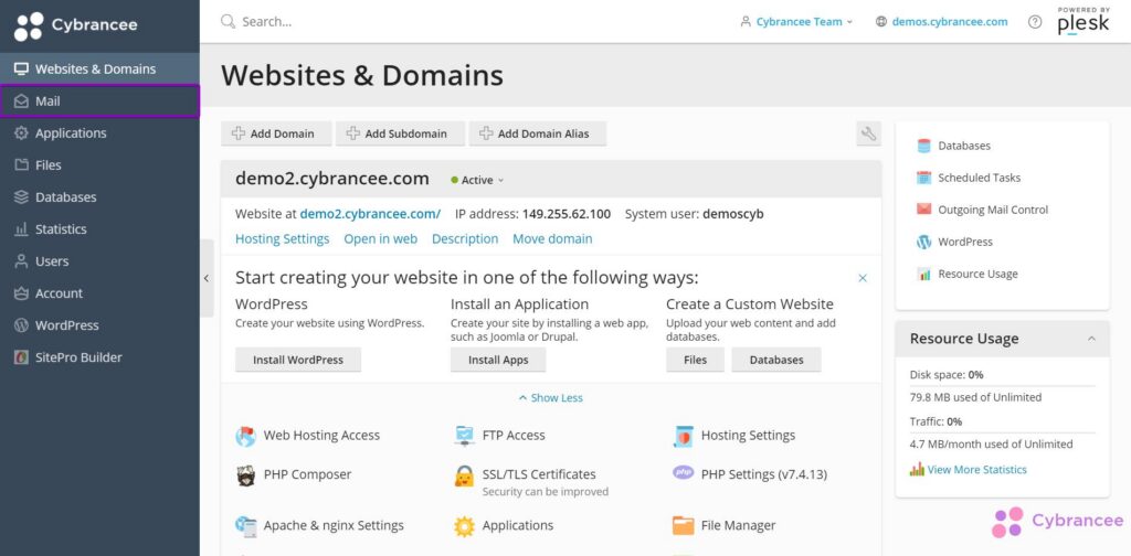 Plesk websites and domains page, mail selected