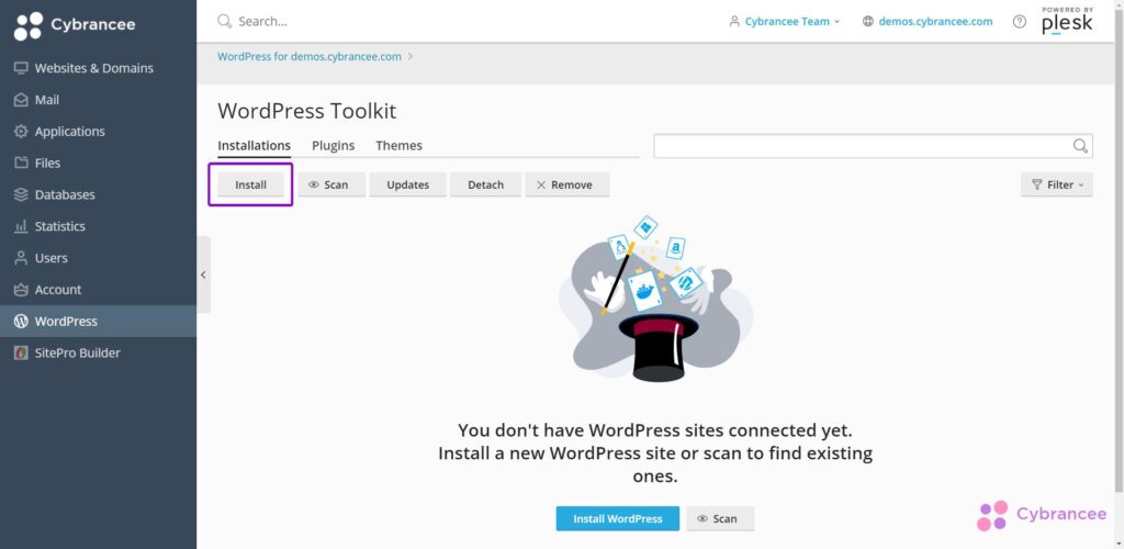 Plesk panel WordPress toolkit, with install button highlighted