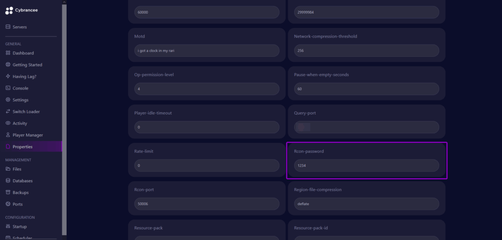 Cybrancee panel Rust properties tab, with Rcon password highlighted