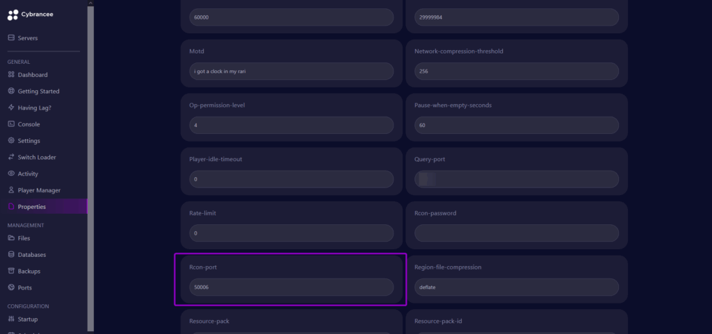 Cybrancee panel Rust properties tab, with Rcon port highlighted