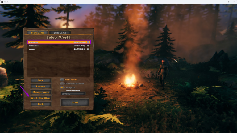Valheim select world screen