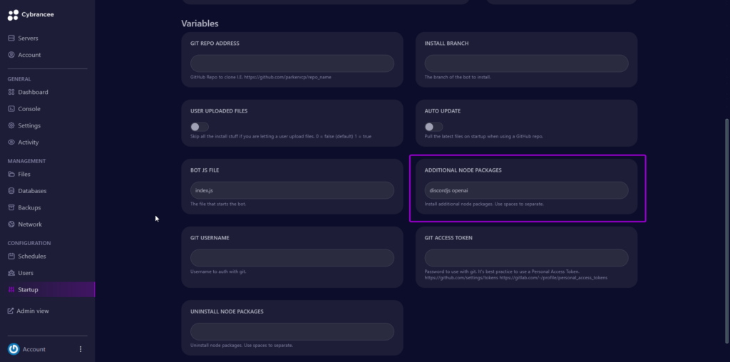 Cybrancee panel startup screen, with Additional Node Packages box highlighted