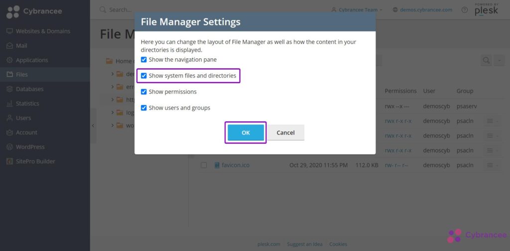 Plesk file manager settings modal with system files and directories highlighted
