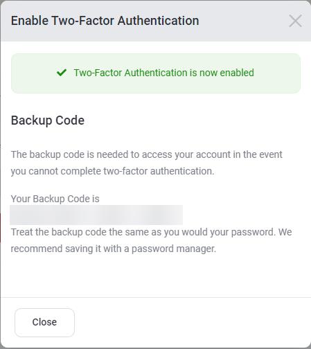 Cybrancee client area two factor authentication success modal