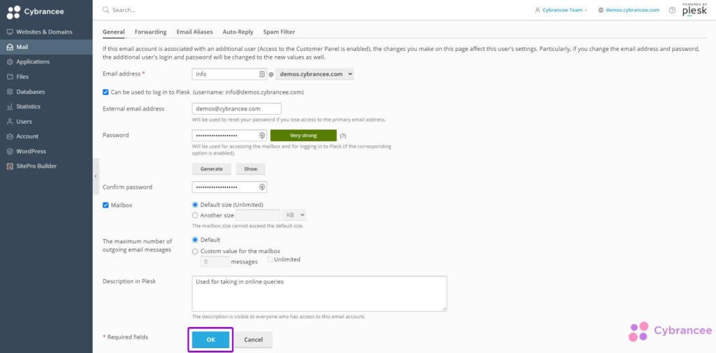 Plesk create email address options with ok button highlighted