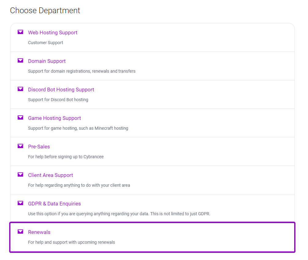 Cybrancee choose department, with renewals option highlighted