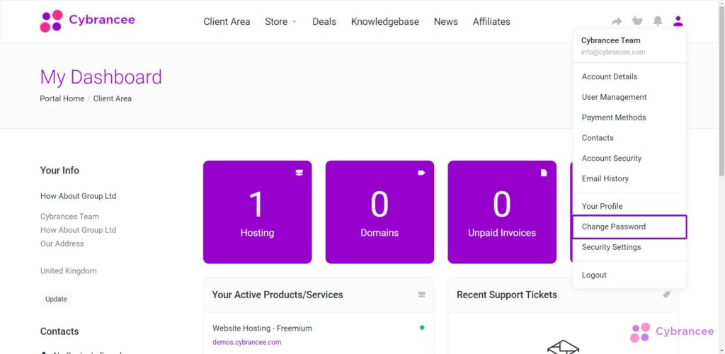 Cybrancee client area account modal