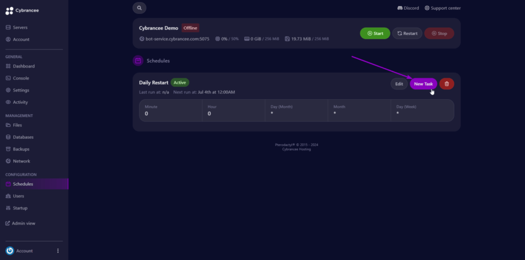 Cybrancee panel schedule page, with new task button highlighted