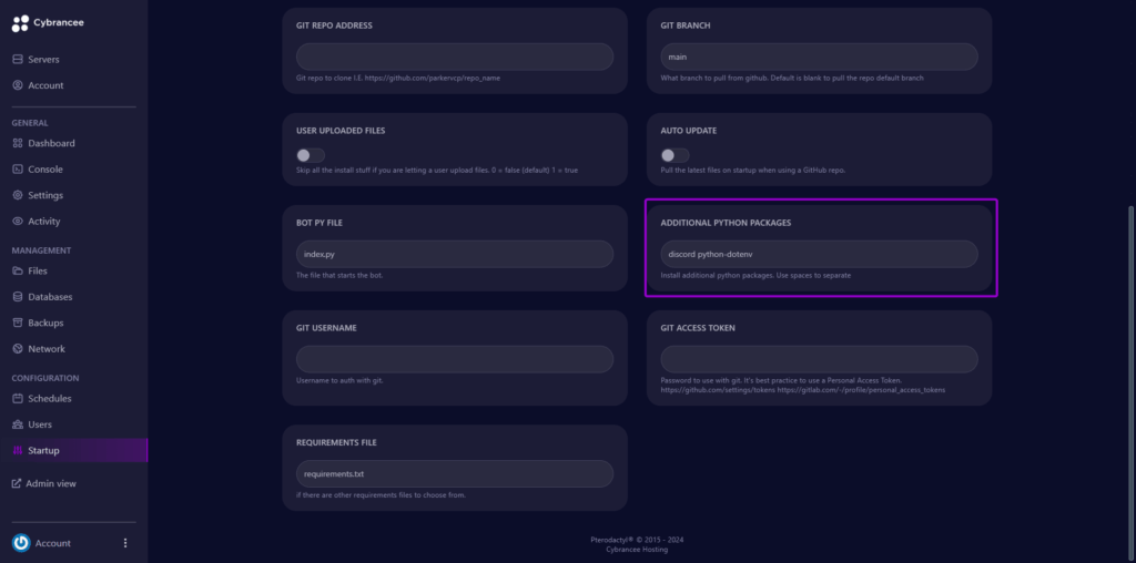 Cybrancee panel startup screen with additional python packages highlighted