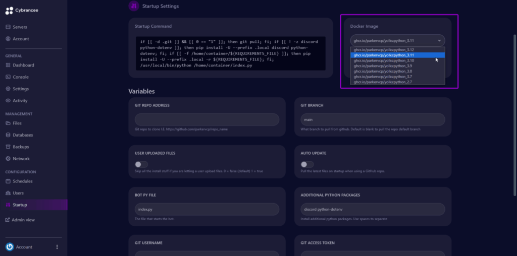 Cybrancee panel startup screen, with docker image box highlighted