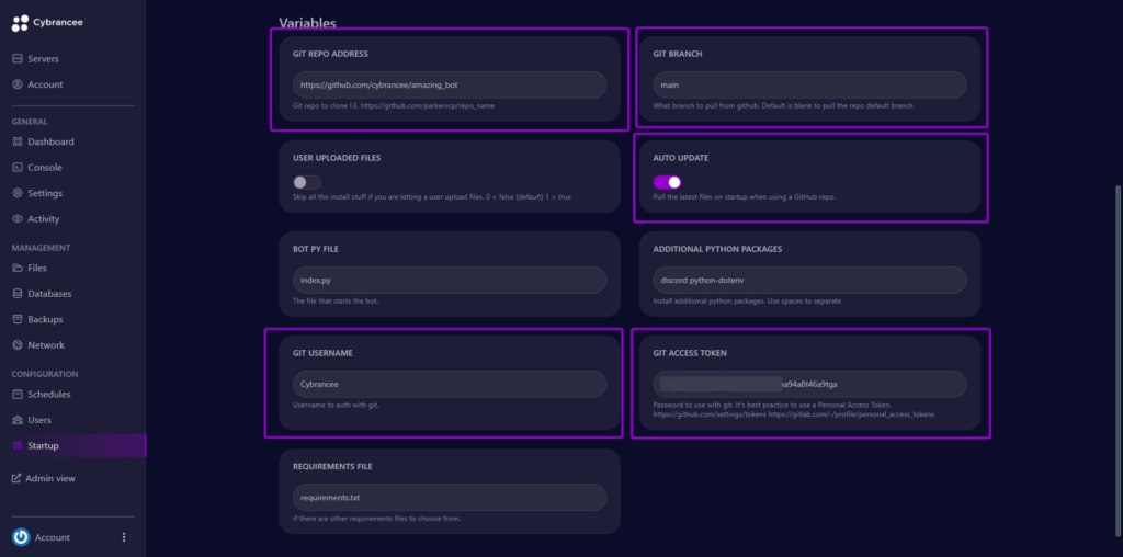Cybrancee panel startup screen with input fields highlighted