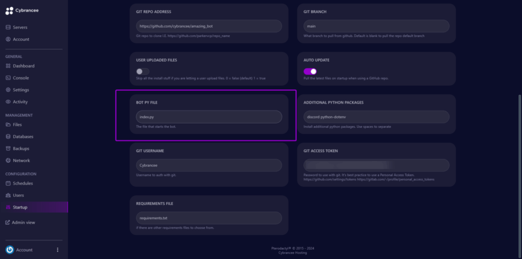 Cybrancee panel startup screen, with bot py file input highlighted