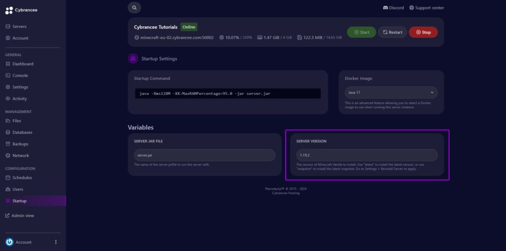 Cybrancee panel startup tab, with server version highlighted