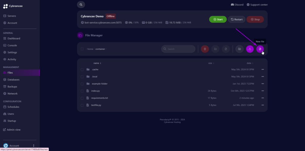 Cybrancee panel with new file button highlighted