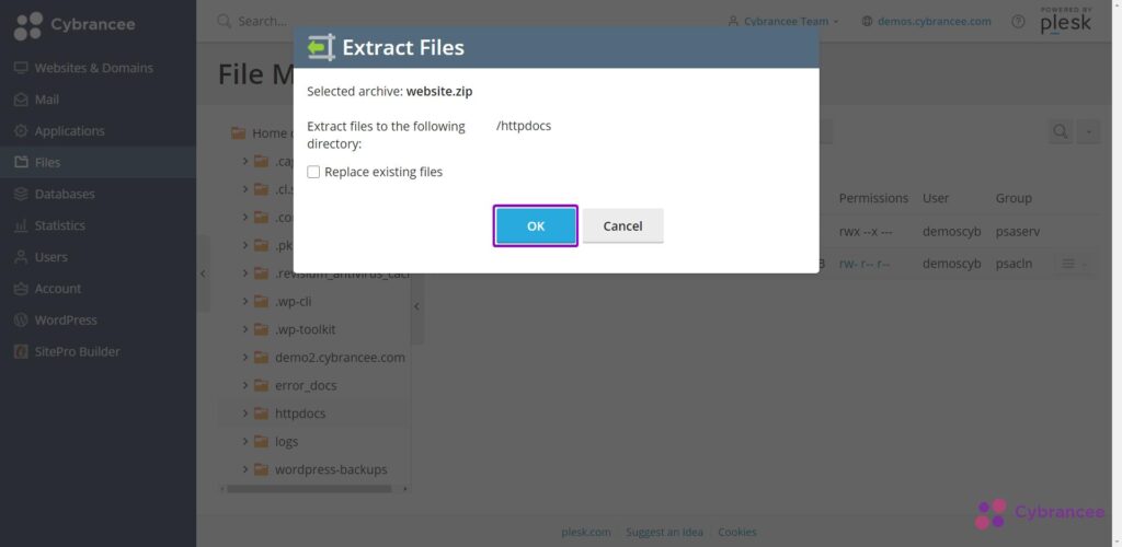 Plesk extract files option with ok button highlighted