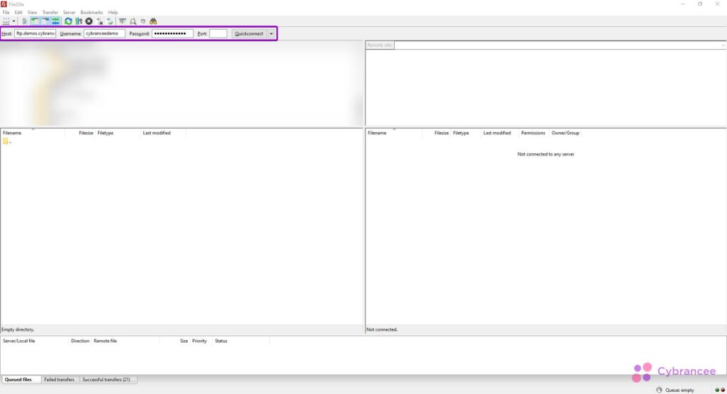 Filezilla with connection details highlighted