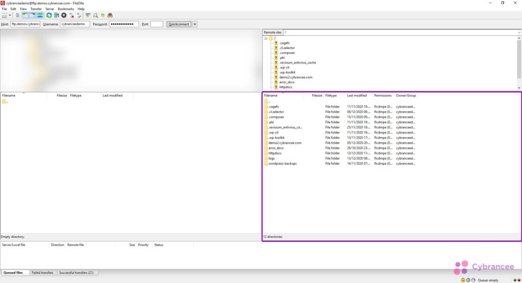 Filezilla with files highlighted
