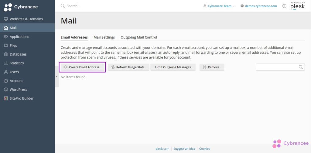 Plesk create email address screen