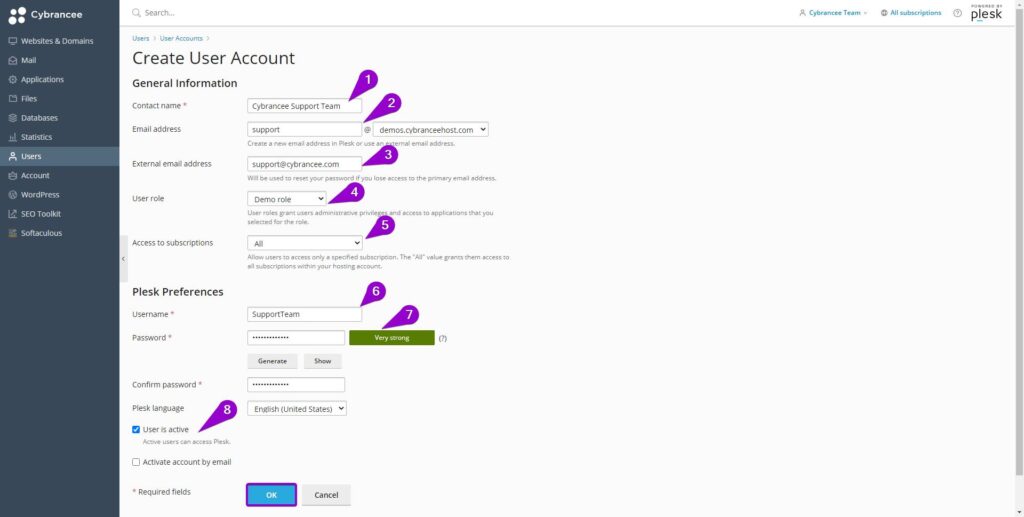 Plesk create user account screen with notational arrows