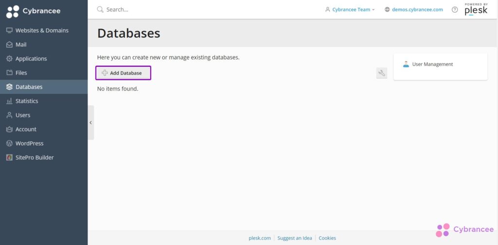Plesk databases screen