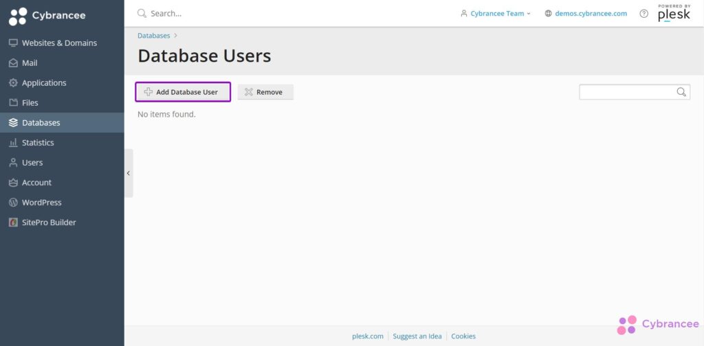 Plesk databases with add database user button highlighted
