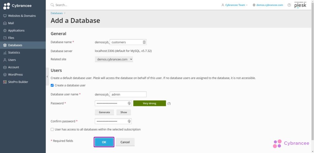 Plesk database screen, with ok button highlighted