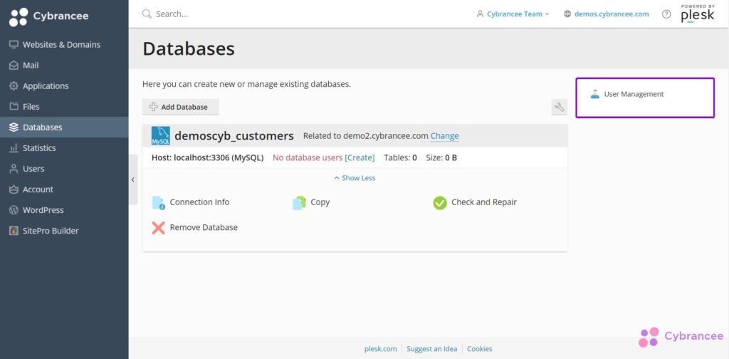 Plesk databases screen with user management option highlighted