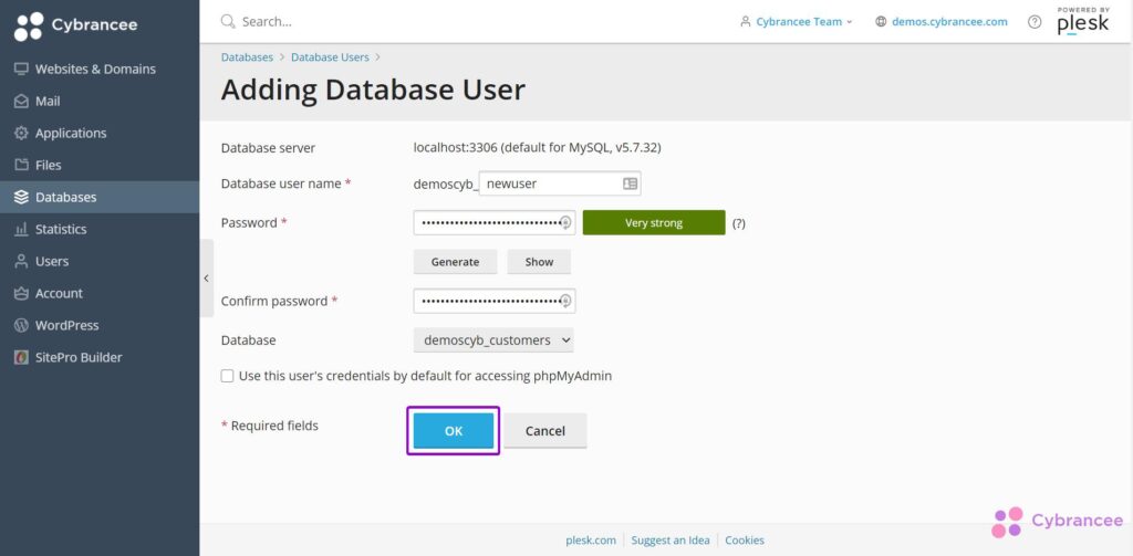 Plesk databases user screen with ok button highlighted