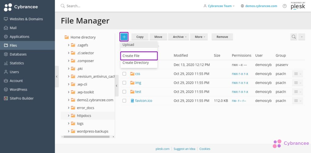 Plesk file manager screen, with create file highlighted