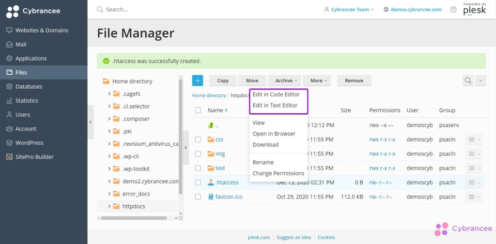 Plesk file manager screen with edit option highlighted