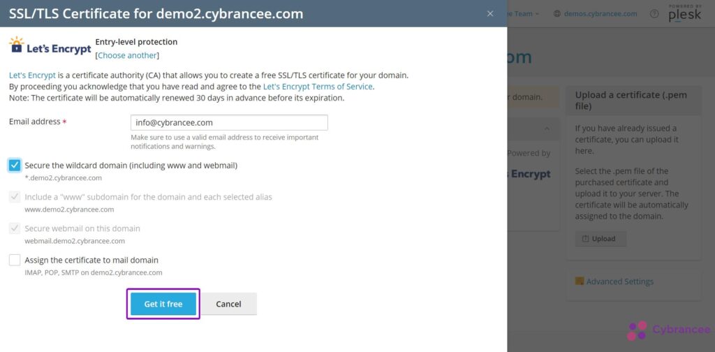 Plesk free SSL certificate modal