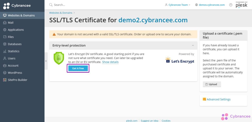 Plesk free SSL Certificate screen
