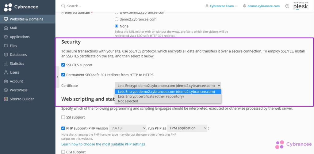 Plesk Lets Encrypt dropdown